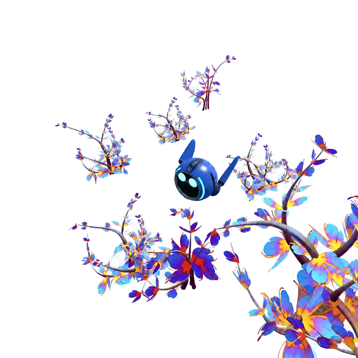 Blossom Buddy surrounded by colourful virtual flowers
