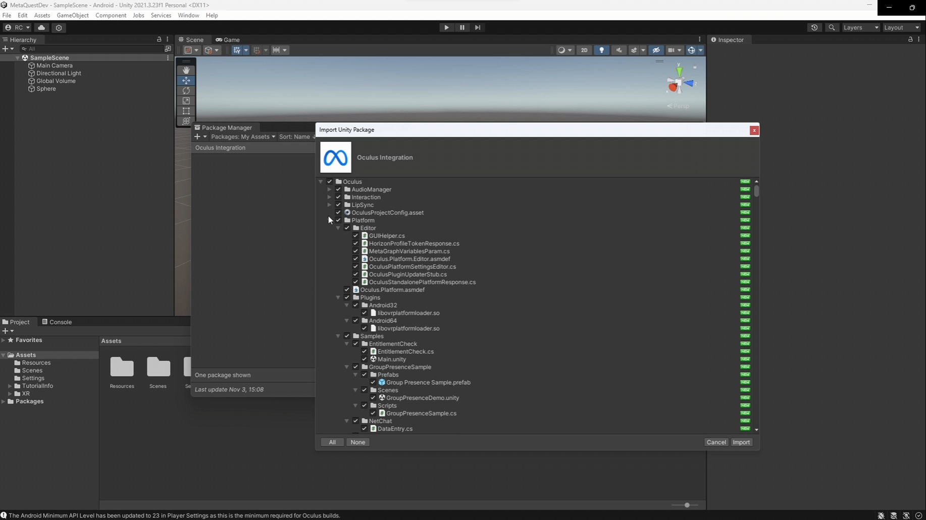 Importing Oculus Integration into the Unity project