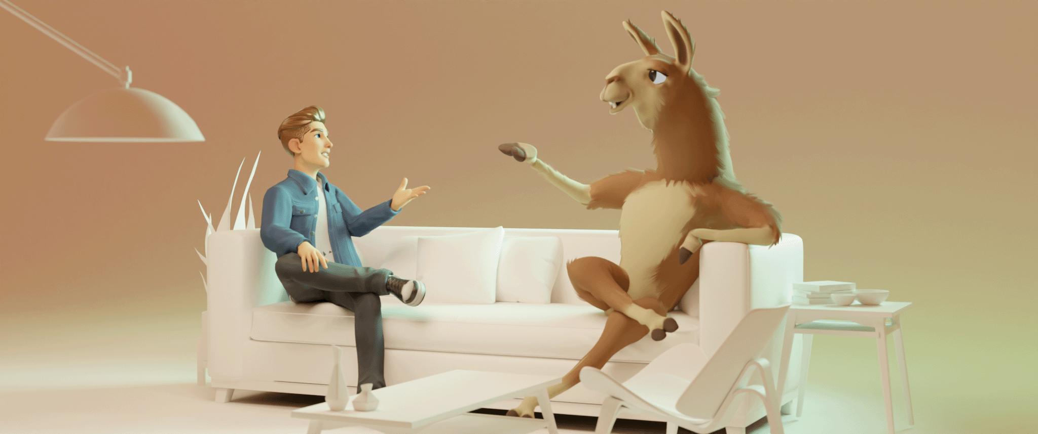 AI Building Blocks artwork showing a person interacting with a virtual llama in mixed reality